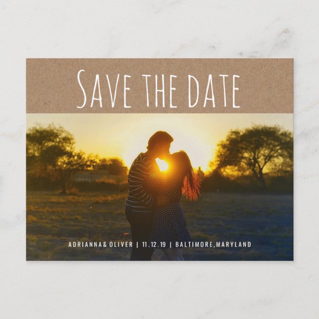 Rustic Kraft Paper | Save The Date Couple Photo Announcement Postcard (Front)