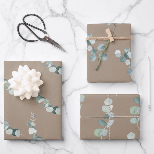 Rustic Kraft Paper Silver Blue Eucalyptus Sprigs (Front)
