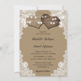 Rustic Kraft Paper String Lights Lace Wedding Invitation