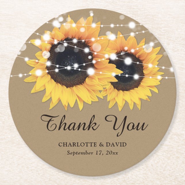 Rustic Kraft Paper Sunflower Wedding Thank You Round Paper Coaster (Front)