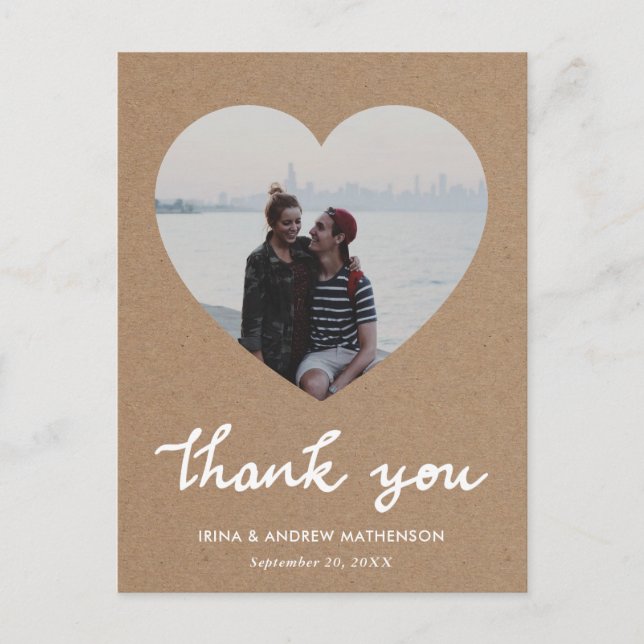 Rustic Kraft Paper Thank You Script Heart Photo Postcard (Front)