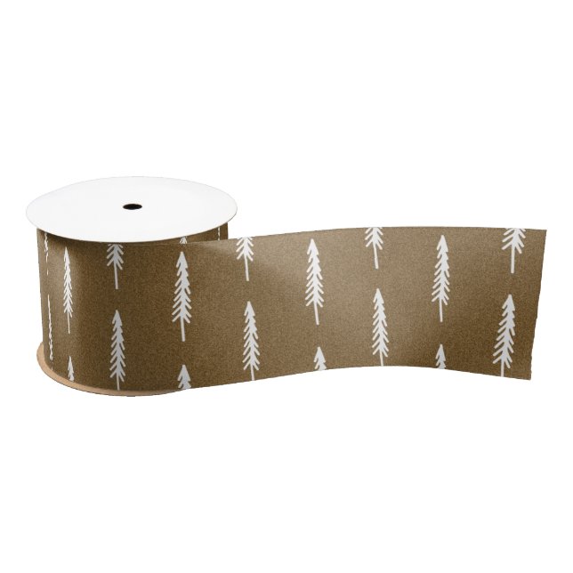 Rustic Kraft Paper White Christmas Tree Pattern Satin Ribbon (Spool)