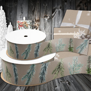 Rustic Kraft Paper Winter Woodland Spruce Branches Grosgrain Ribbon