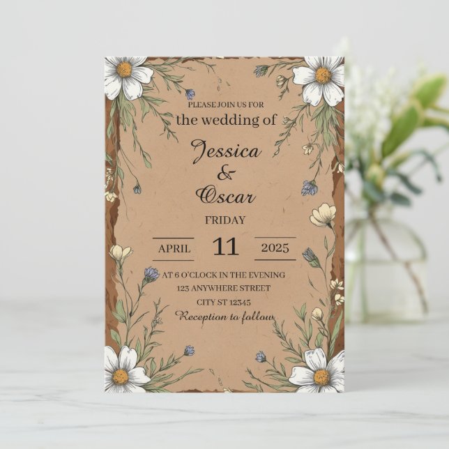 Rustic Kraft Paper with Wildflowers Wedding Invitation (Standing Front)