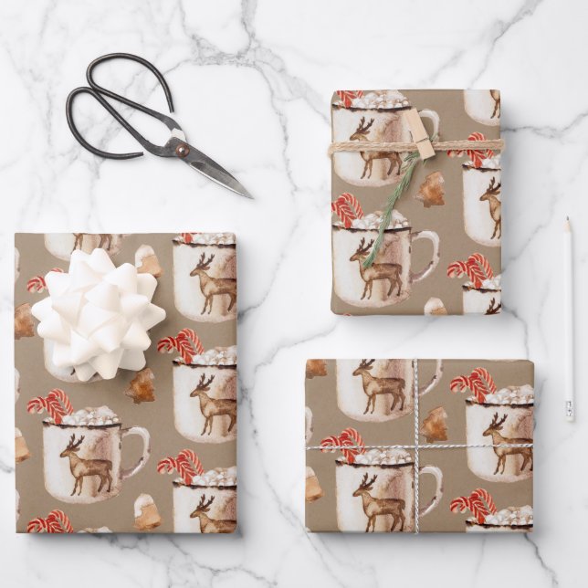 Rustic Kraft Peppermint Cocoa Cookies Reindeer Mug Wrapping Paper Sheet (Front)