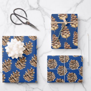 Rustic Kraft Pine Cones Christmas Blue Wrapping Paper Sheet