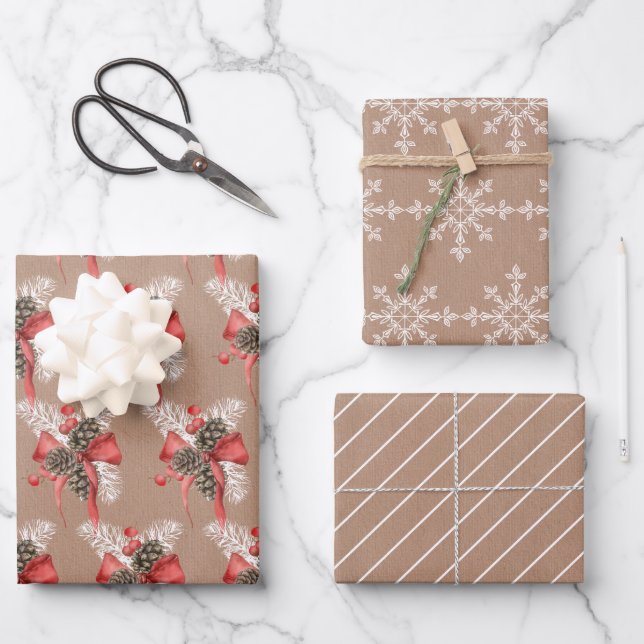 Rustic Kraft Pine Cones, Snowflakes and Stripes Wrapping Paper Sheet (Front)