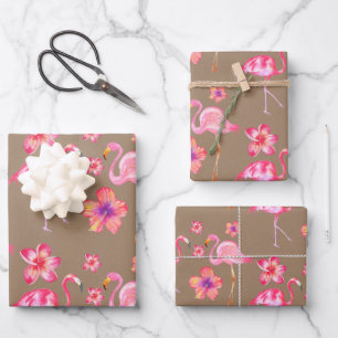 Rustic Kraft Pink Flamingoes & Pink Hibiscus 2 Wrapping Paper Sheet