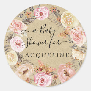 Rustic Kraft Pink Floral Wreath w Butterflies Classic Round Sticker