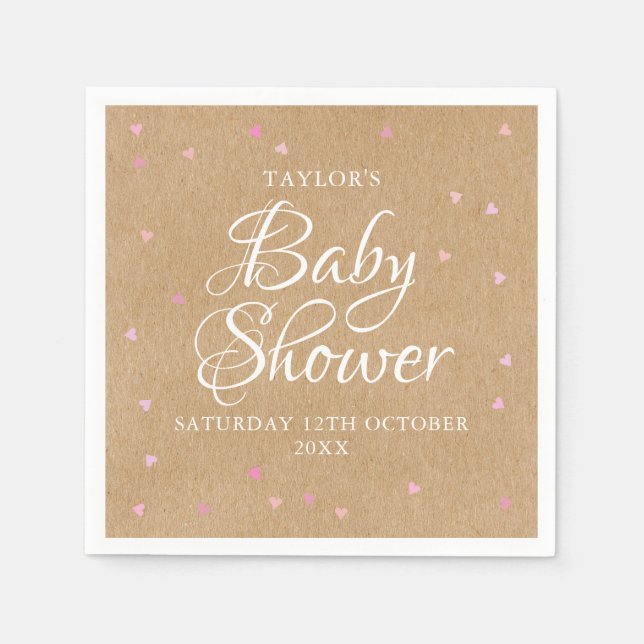 Rustic kraft pink hearts baby shower napkin (Front)
