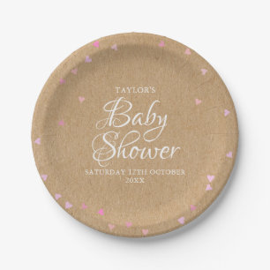 Rustic kraft pink hearts baby shower paper plate