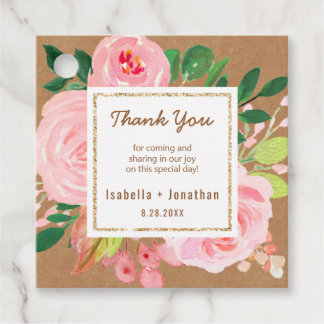Rustic Kraft Pink Peonies Floral Wedding Thank You Favour Tags