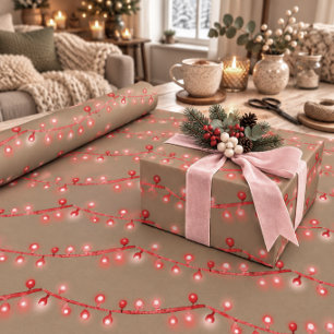 Rustic Kraft Pink & Red Christmas String Lights Wrapping Paper