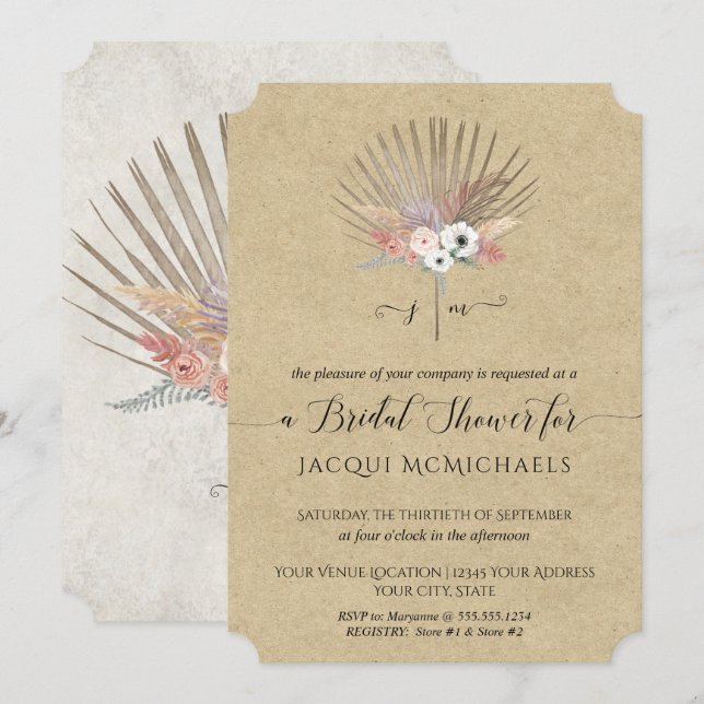 Rustic Kraft  Pink Tropical Floral Bridal Shower Invitation (Front/Back)