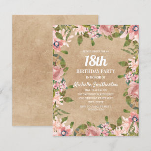 Rustic Kraft Pink Watercolor Floral 18th Birthday Invitation
