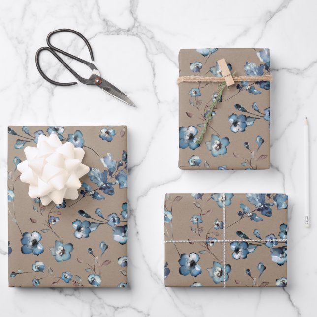 Rustic Kraft Pretty Dusty Blue Small Flower Garden Wrapping Paper Sheet (Front)