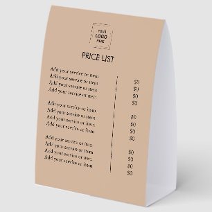 Rustic Kraft Price List Table Tent Paper Sign
