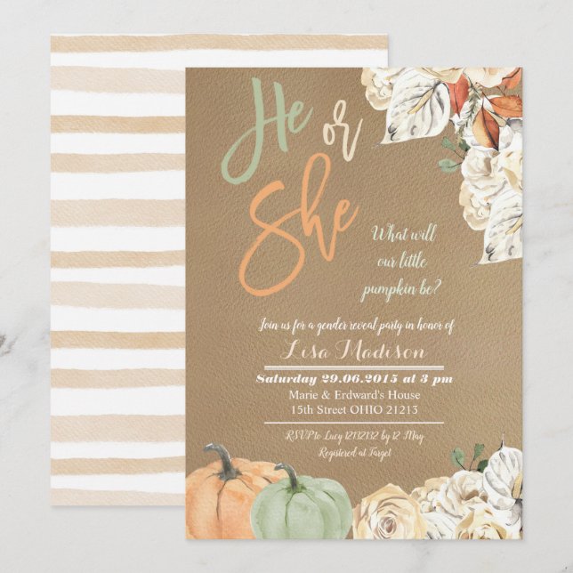 Rustic Kraft pumpkin gender reveal card invitation (Front/Back)
