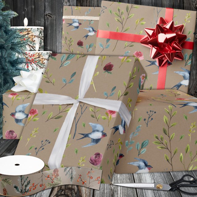 Rustic Kraft Purple Martins Birds Winter Garden Wrapping Paper (Rustic Kraft Purple Martins Birds Winter Garden Wrapping in 6 and 15 foot long 30 Inch Width Rolls
)