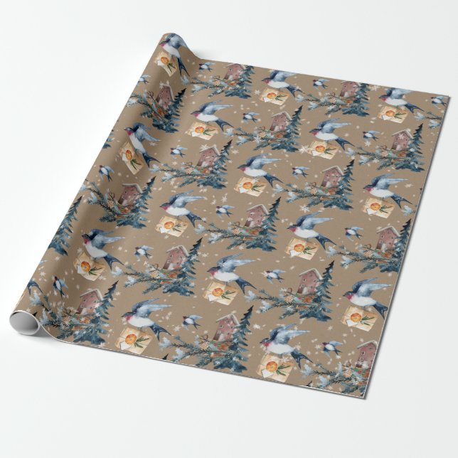 Rustic Kraft Purple Martins Holiday Gift-Giving Wrapping Paper (Unrolled)