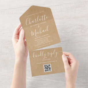 Rustic Kraft QR Code Minimalist Wedding All In One Invitation