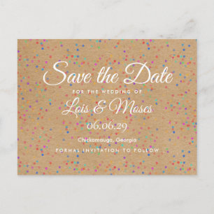 Rustic Kraft Rainbow Confetti Save the Date Announcement Postcard