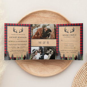 Rustic Kraft Red Buffalo Plaid Deer Antler Wedding Tri-Fold Invitation