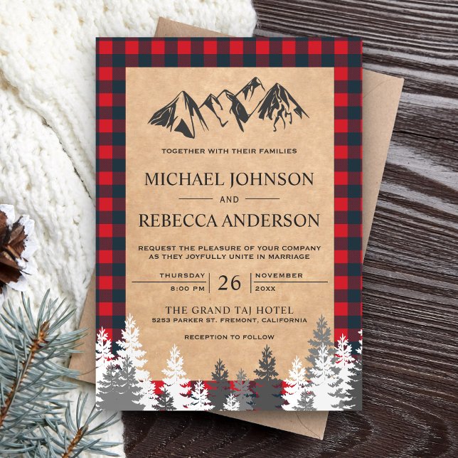 Rustic Kraft Red Buffalo Plaid Mountain Wedding Invitation (Creator Uploaded)