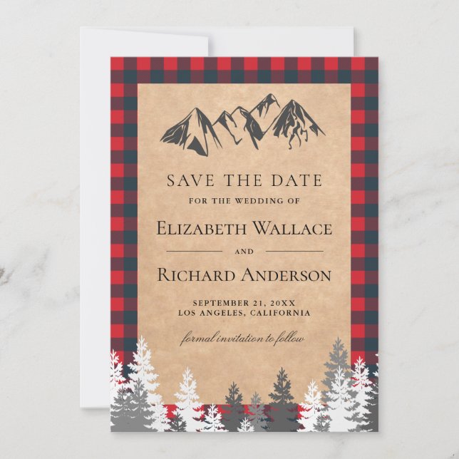 Rustic Kraft Red Buffalo Plaid Mountain Wedding Save The Date (Front)