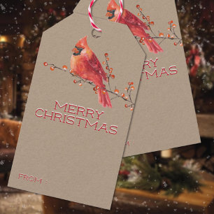 Rustic Kraft Red Cardinal Berries Merry Christmas Gift Tags