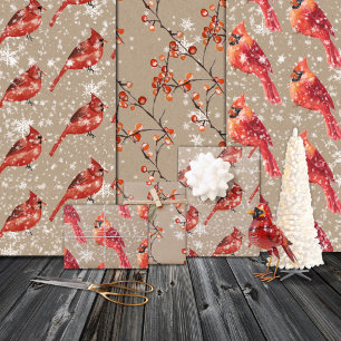 Rustic Kraft Red Cardinal Birds & Ilex Berries Wrapping Paper Sheet