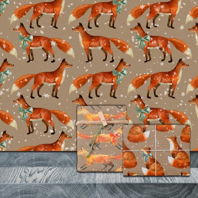 Rustic Kraft Red Fox With Bows And Snowflakes  Wrapping Paper Sheet (Rustic Kraft Red Fox With Bows And Snowflakes Christmas Holiday Gift Wrapping Paper Sheets Trio)