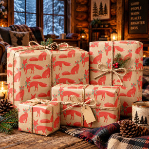 Rustic Kraft Red Foxes On A Holly Date Wrapping Paper