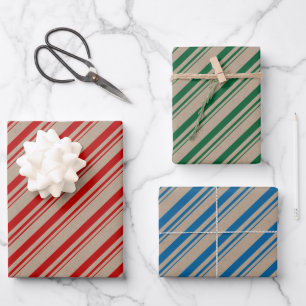 Rustic Kraft Red Green Blue Candy Stripes Wrapping Paper Sheet