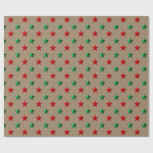 Rustic Kraft Red Green Stars Holiday Wrapping Paper