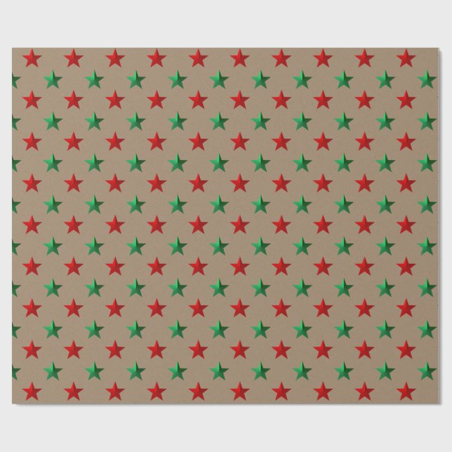 Rustic Kraft Red Green Stars Holiday Wrapping Paper (Flat)