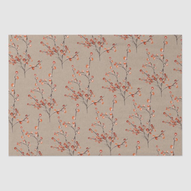 Rustic Kraft Red Ilex Berry Branches Tissue Paper (Front)