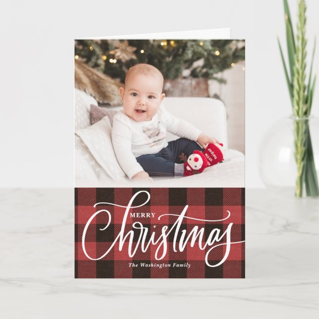 Rustic Kraft Red Plaid Merry Christmas Photo Holiday Card (Front)