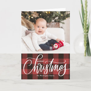 Rustic Kraft Red Plaid Merry Christmas Photo Holiday Card
