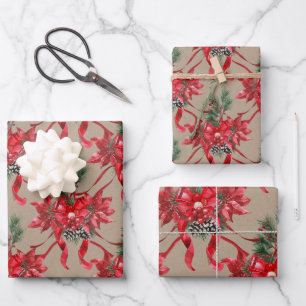 Rustic Kraft Red Poinsettias Ribbons Bows Lattice Wrapping Paper Sheet