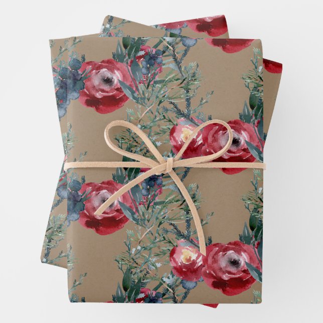 Rustic Kraft Red Roses Pine Spruce & Berries Wrapping Paper Sheet (In situ)