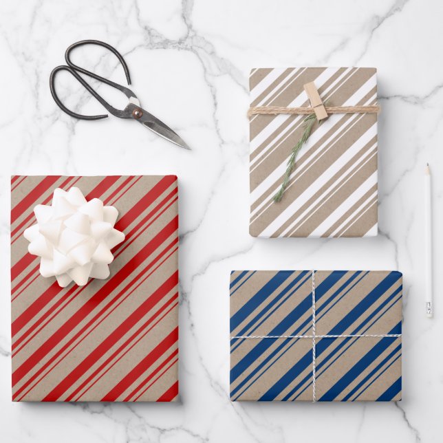 Rustic Kraft Red White Blue Candy Stripes Wrapping Paper Sheet (Front)