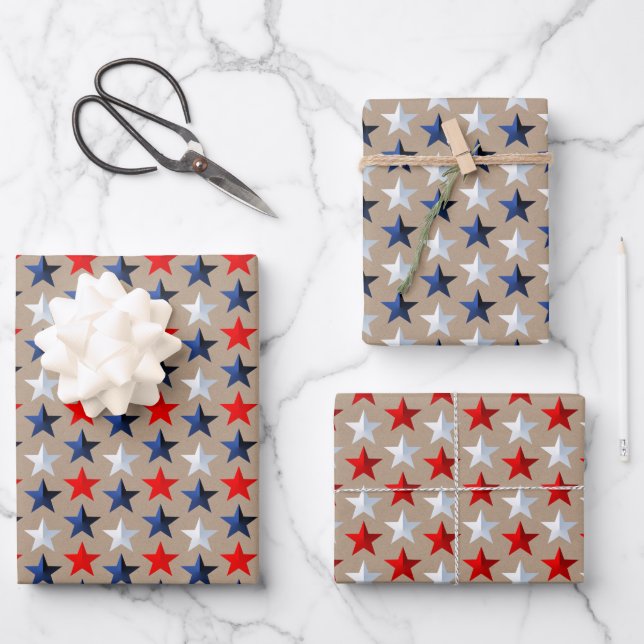 Rustic Kraft Red White & Blue US Flag Stars Wrapping Paper Sheet (Front)