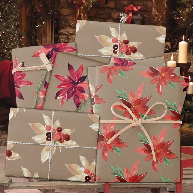 Rustic Kraft Red & White Foral Holiday Poinsettia  Wrapping Paper Sheet (Rustic Kraft Red & White Holiday Poinsettias Floral Gift Wrapping Paper Sheets Trio)
