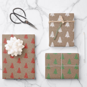 Rustic Kraft Red White Green Snowy Christmas Trees Wrapping Paper Sheet