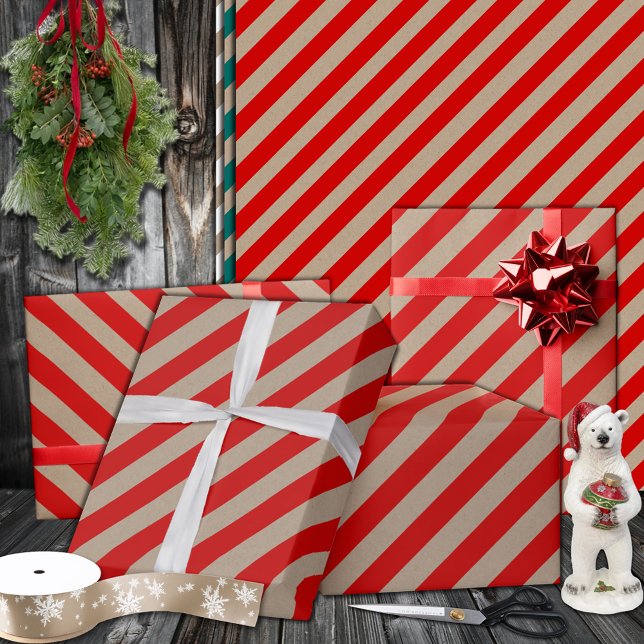 Rustic Kraft Red Wide Stripe Holiday Wrapping Paper (Rustic Kraft Red Wide Stripe Holiday Wrapping Paper Rolls in 6 and 15 foot lengths at 30 inches tall)