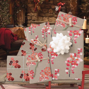 Rustic Kraft Red Winter Berries Wrapping Paper Sheet