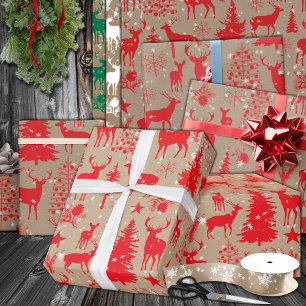 Rustic Kraft Red Woodland Forest Reindeer Wrapping Paper
