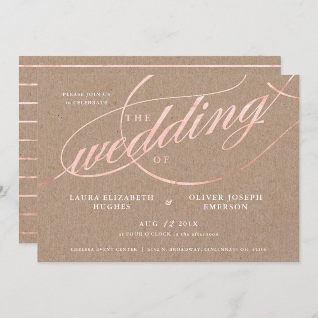 Rustic Kraft & Rose Gold Script Wedding Invitation (Front/Back)