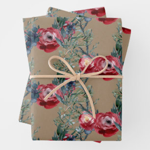 Rustic Kraft Roses Pine & Spruce Greenery Trellis Wrapping Paper Sheet